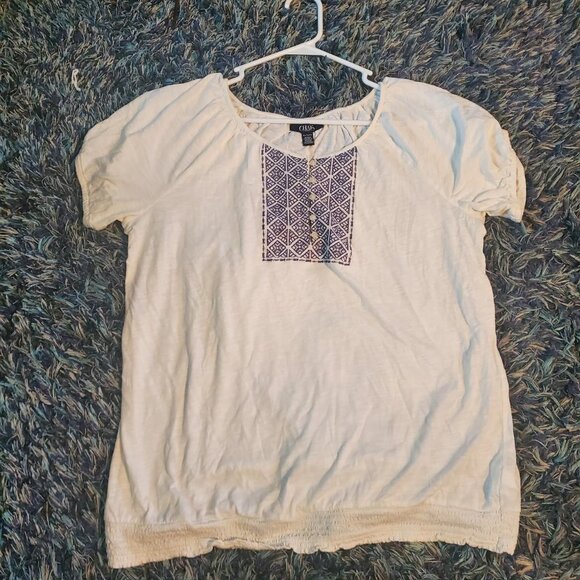 Chaps Women's White and Blue Button Up Blouse Cottagecore Boho Hippie Coastal - Picture 2 of 8